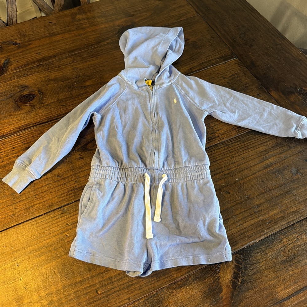 Polo Ralph Lauren Girls 4 4T Blue Hooded Romper Long Sleeve Pony Logo